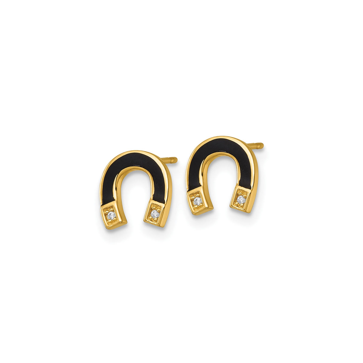 14k Yellow Gold Stud Earrings with Cubic Zirconia, Black Enamel Horseshoe Design, Lucky Charm Style