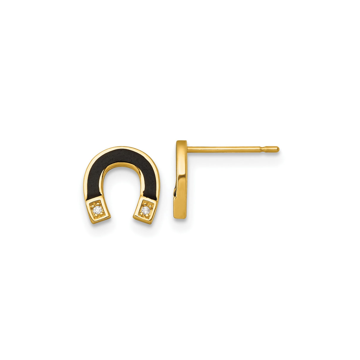 14k Yellow Gold Stud Earrings with Cubic Zirconia, Black Enamel Horseshoe Design, Lucky Charm Style