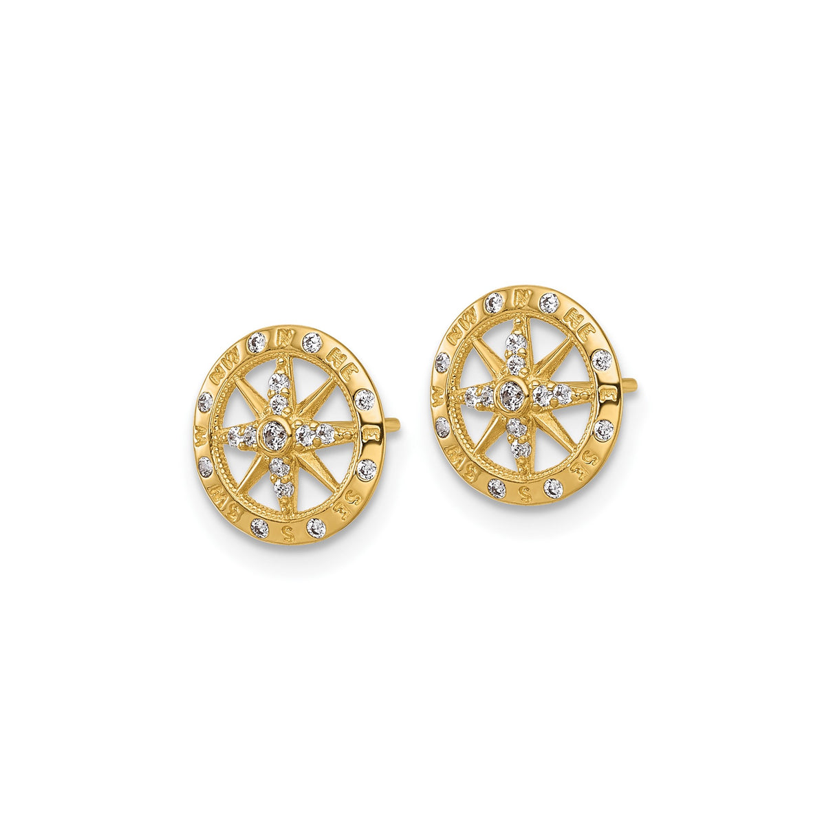 14k Yellow Gold Compass Rose Stud Earrings with Cubic Zirconia, Nautical Theme