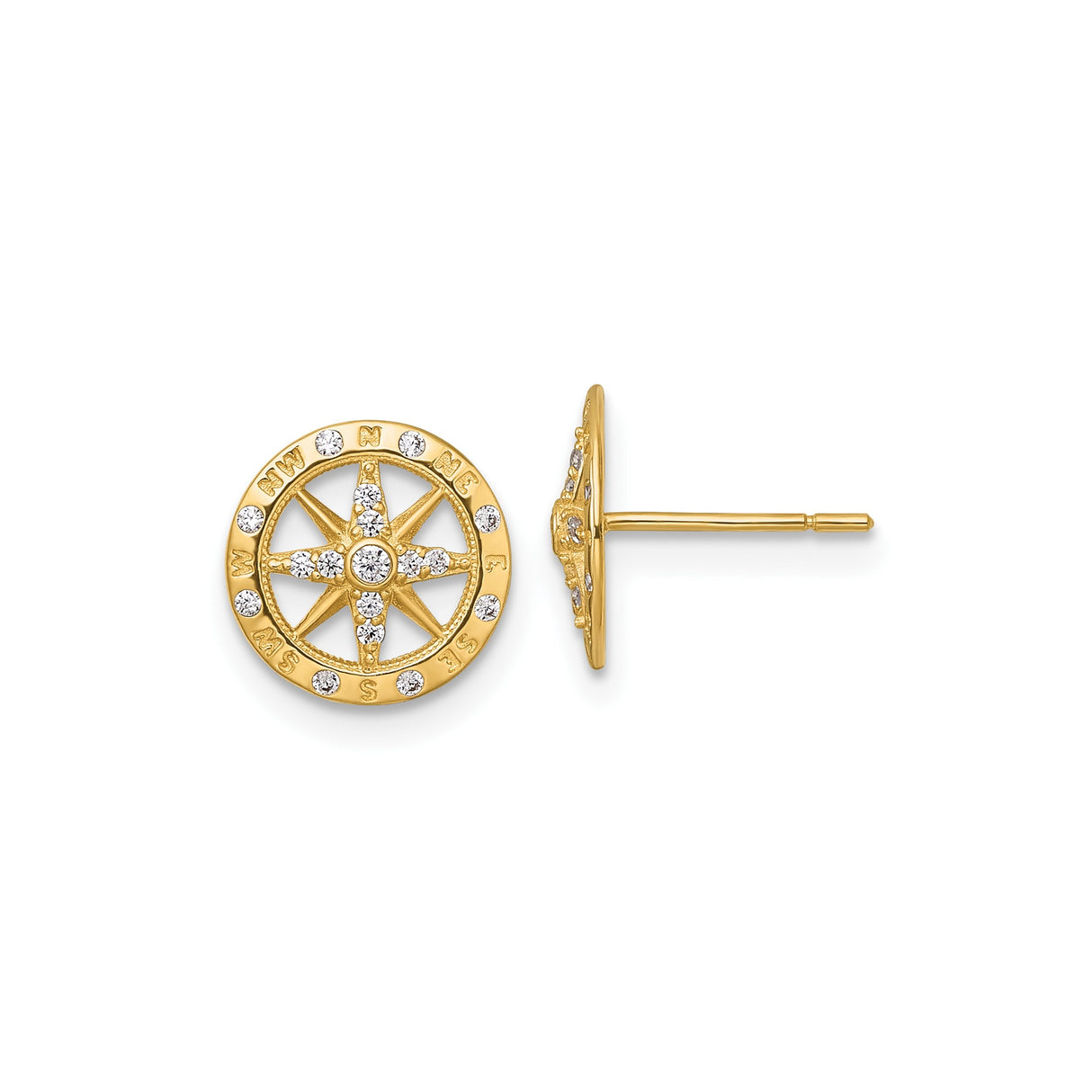 14k Yellow Gold Compass Rose Stud Earrings with Cubic Zirconia, Nautical Theme