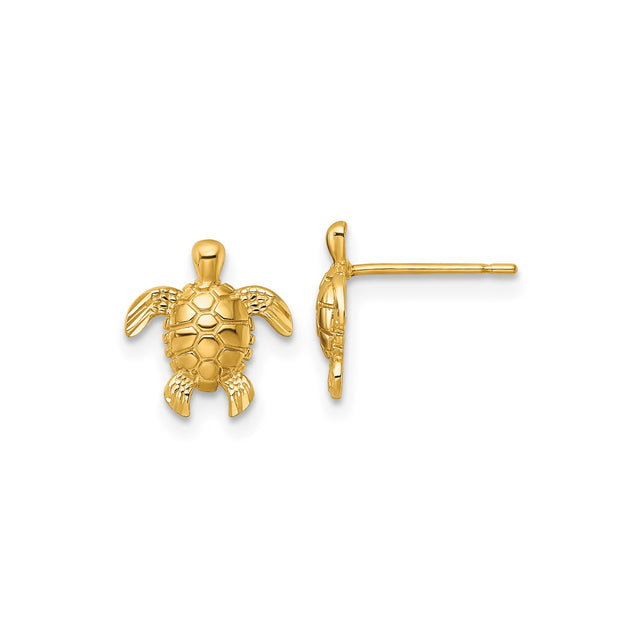 14k Yellow Gold Turtle Stud Earrings, Detailed Sea Turtle Design, Ocean Inspired Jewelry