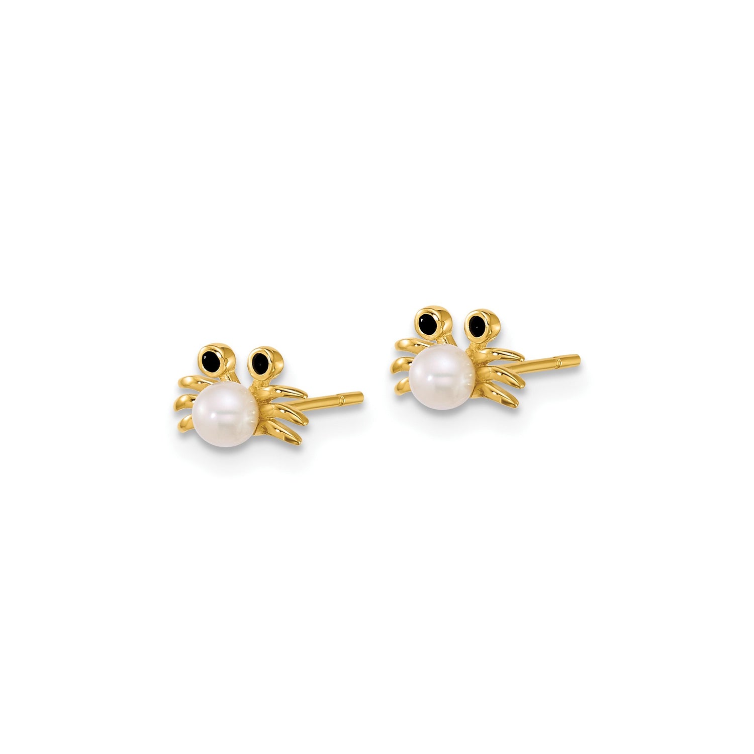 14k Yellow Gold Crab Stud Earrings with White Pearl and Cubic Zirconia, Ocean Theme Jewelry