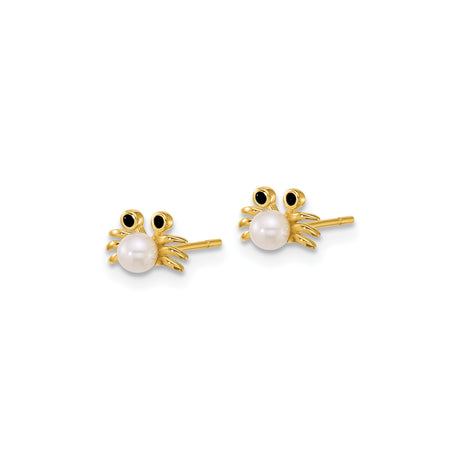 14k Yellow Gold Crab Stud Earrings with White Pearl and Cubic Zirconia, Ocean Theme Jewelry