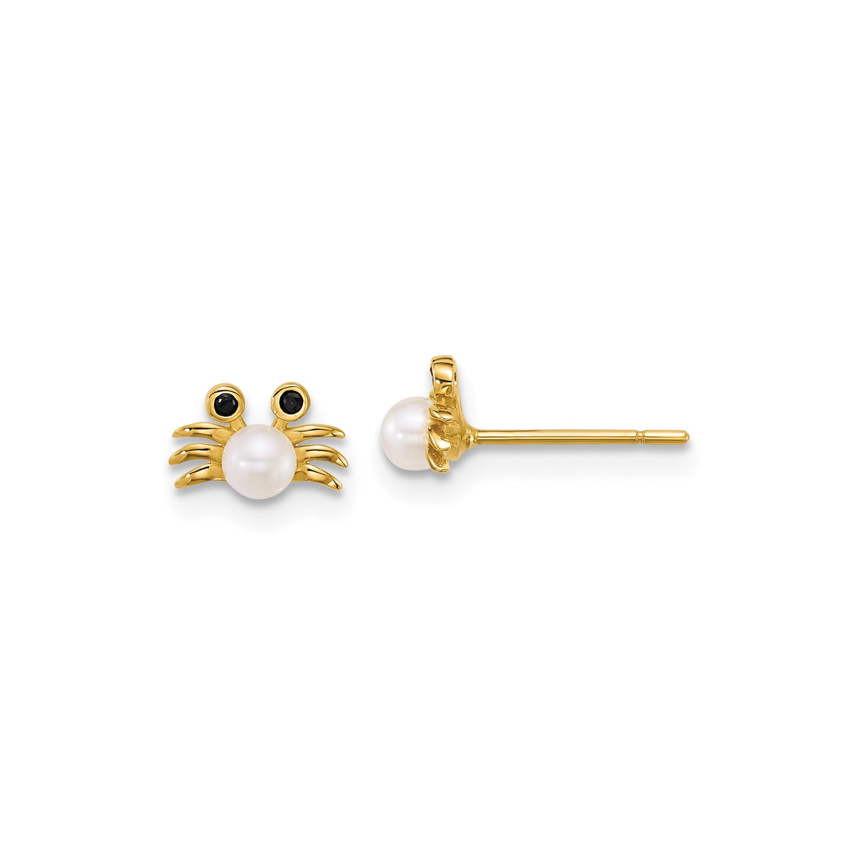 14k Yellow Gold Crab Stud Earrings with White Pearl and Cubic Zirconia, Ocean Theme Jewelry