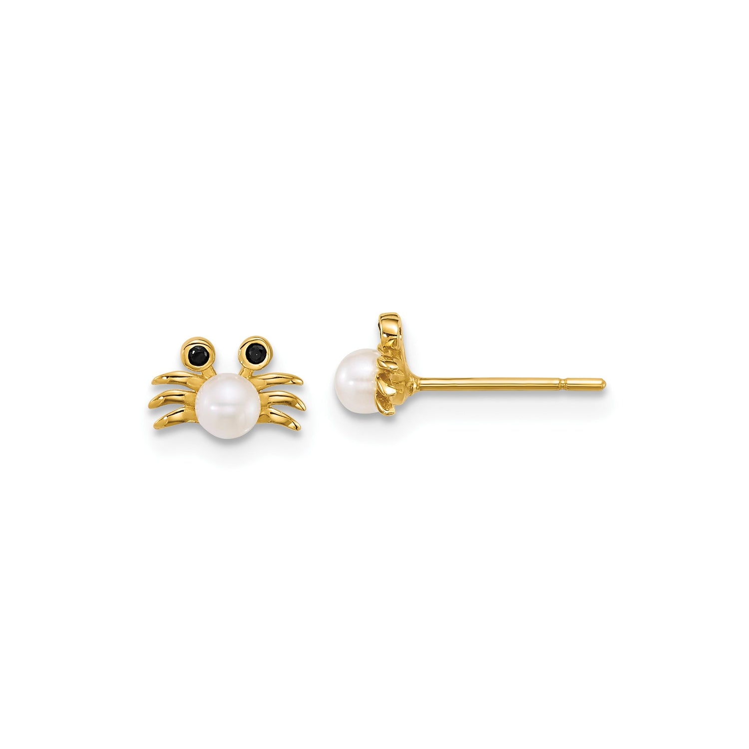 14k Yellow Gold Crab Stud Earrings with White Pearl and Cubic Zirconia, Ocean Theme Jewelry