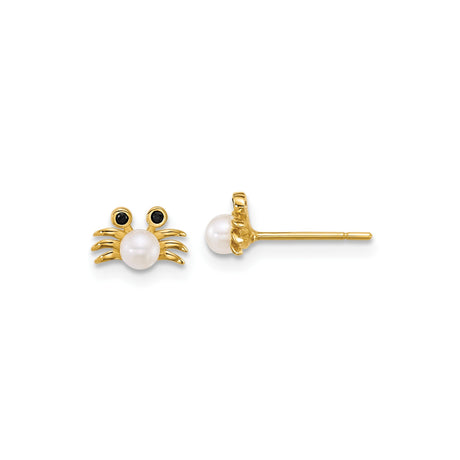 14k Yellow Gold Crab Stud Earrings with White Pearl and Cubic Zirconia, Ocean Theme Jewelry