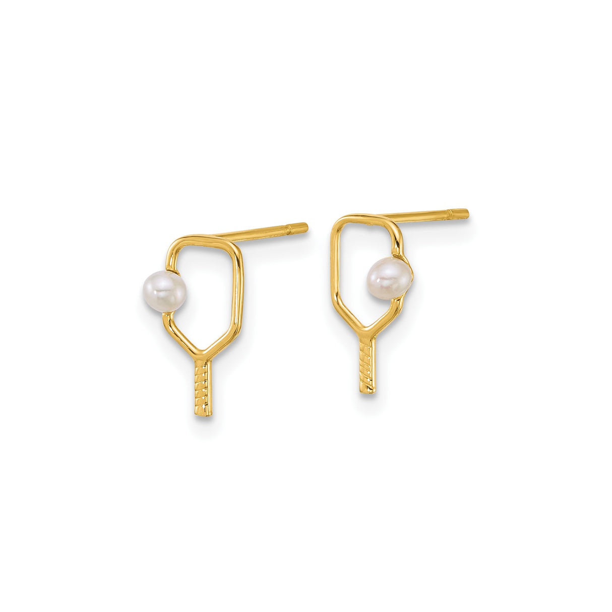 14k Yellow Gold Pickleball Paddle Stud Earrings with Cultured Pearl Accents for Women