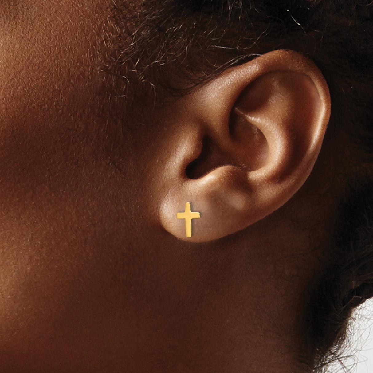 14k Yellow Gold Cross Stud Earrings, Polished Christian Symbol Jewelry for Women or Unisex