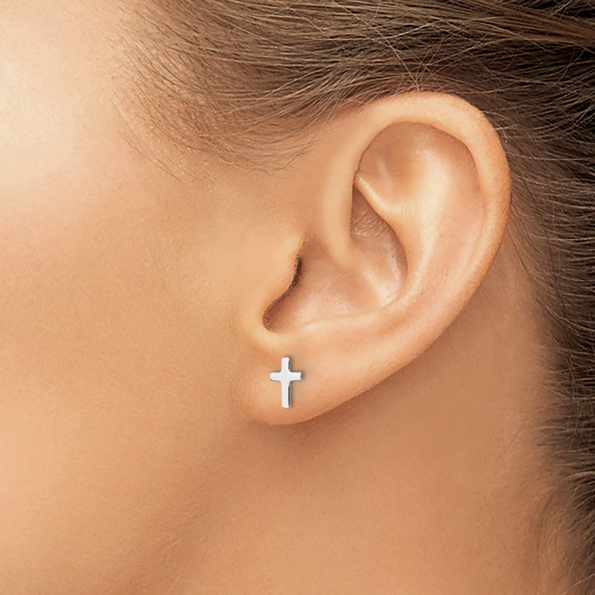 14k White Gold Cross Stud Earrings, Polished Minimalist Christian Design for Women