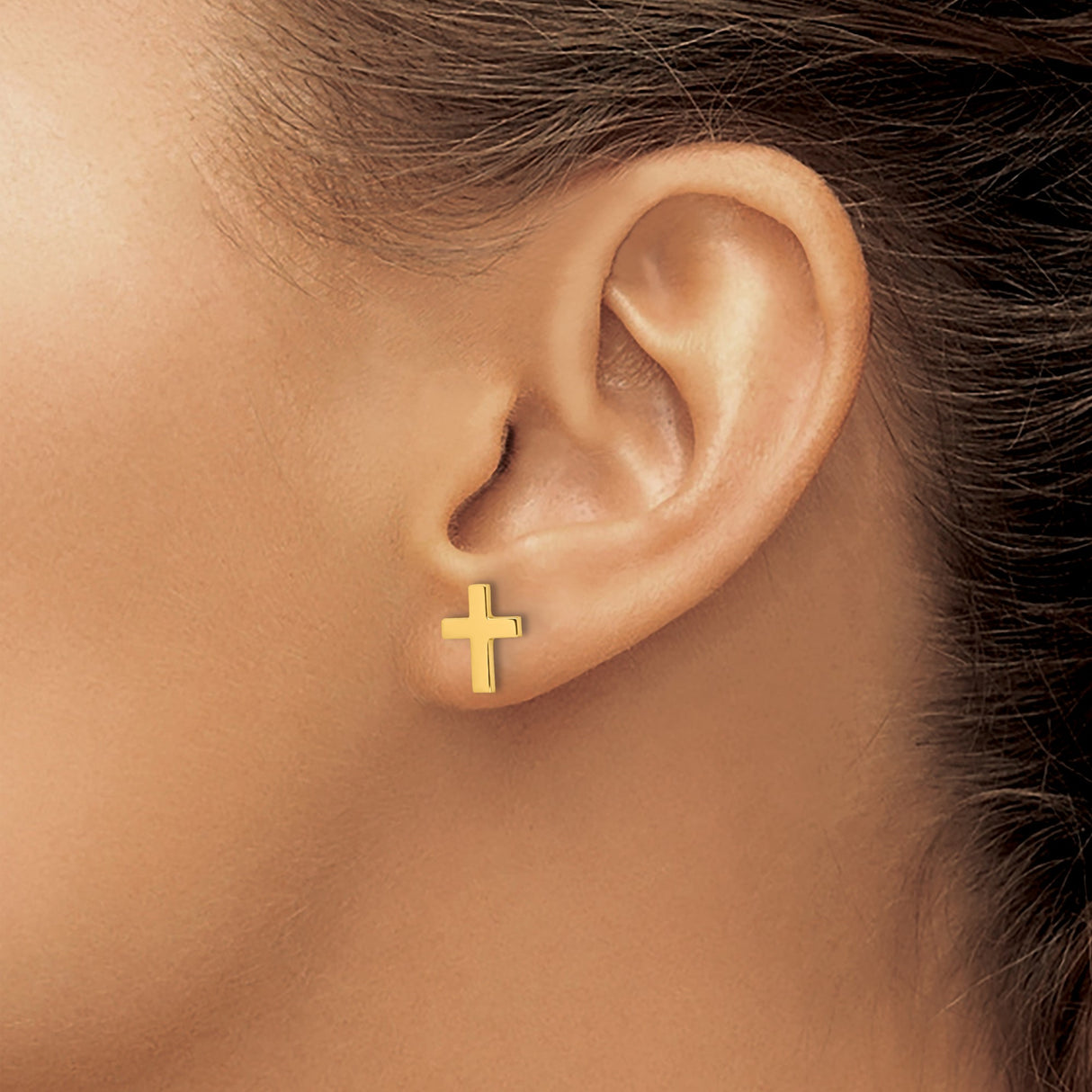 14k Yellow Gold Cross Stud Earrings, Minimalist Christian Jewelry for Women