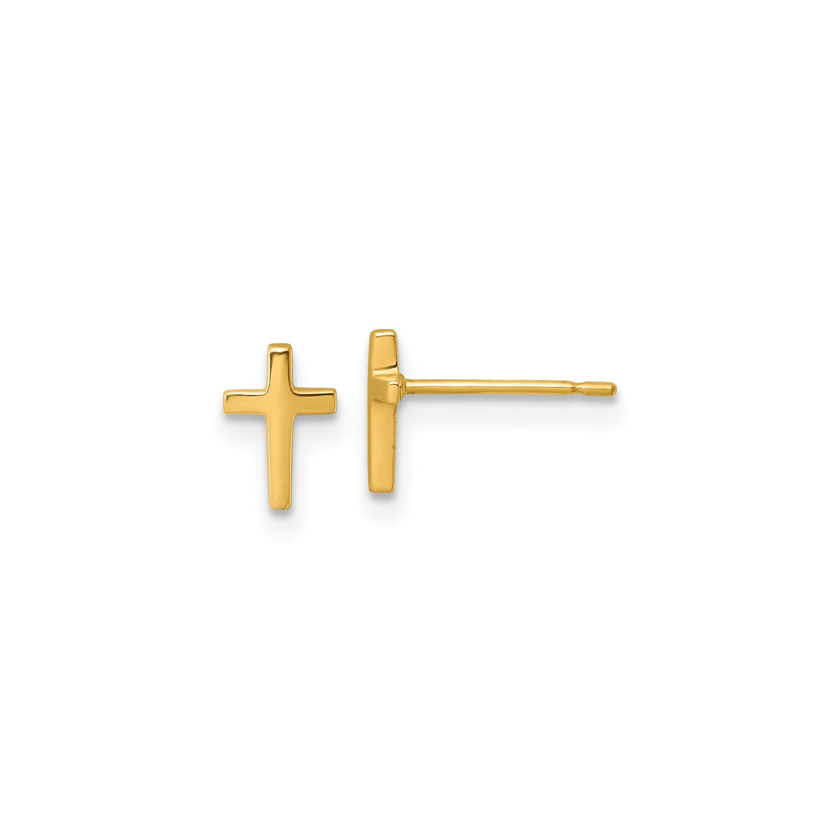14k Yellow Gold Cross Stud Earrings, Polished Christian Faith Design for Women and Unisex Wear