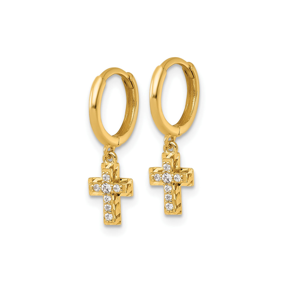 14k Yellow Gold Hoop Earrings with Cubic Zirconia Cross Charms, Christian Religious Style