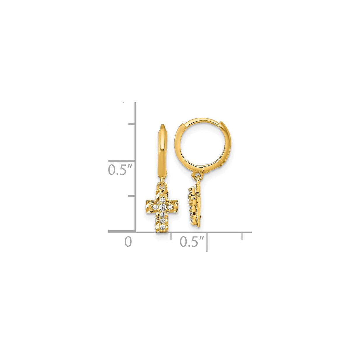 14k Yellow Gold Hoop Earrings with Cubic Zirconia Cross Charms, Christian Religious Style