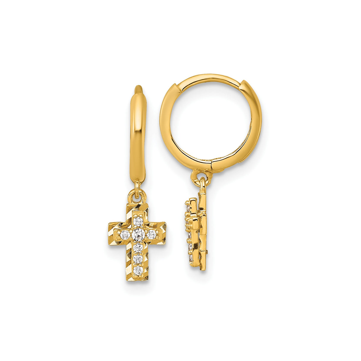 14k Yellow Gold Hoop Earrings with Cubic Zirconia Cross Charms, Christian Religious Style