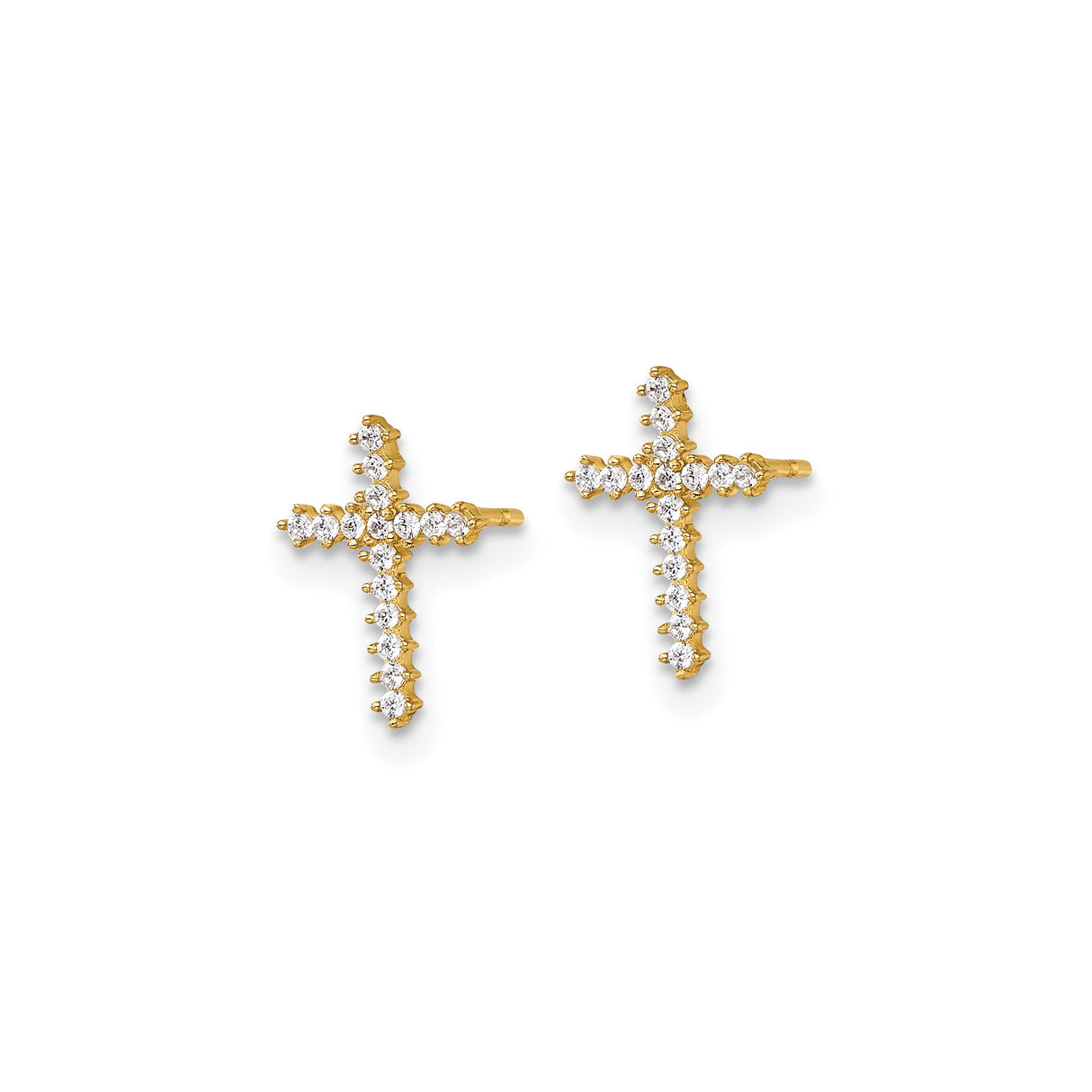14k Yellow Gold Cross Stud Earrings with Cubic Zirconia, Christian Religious Design for Women