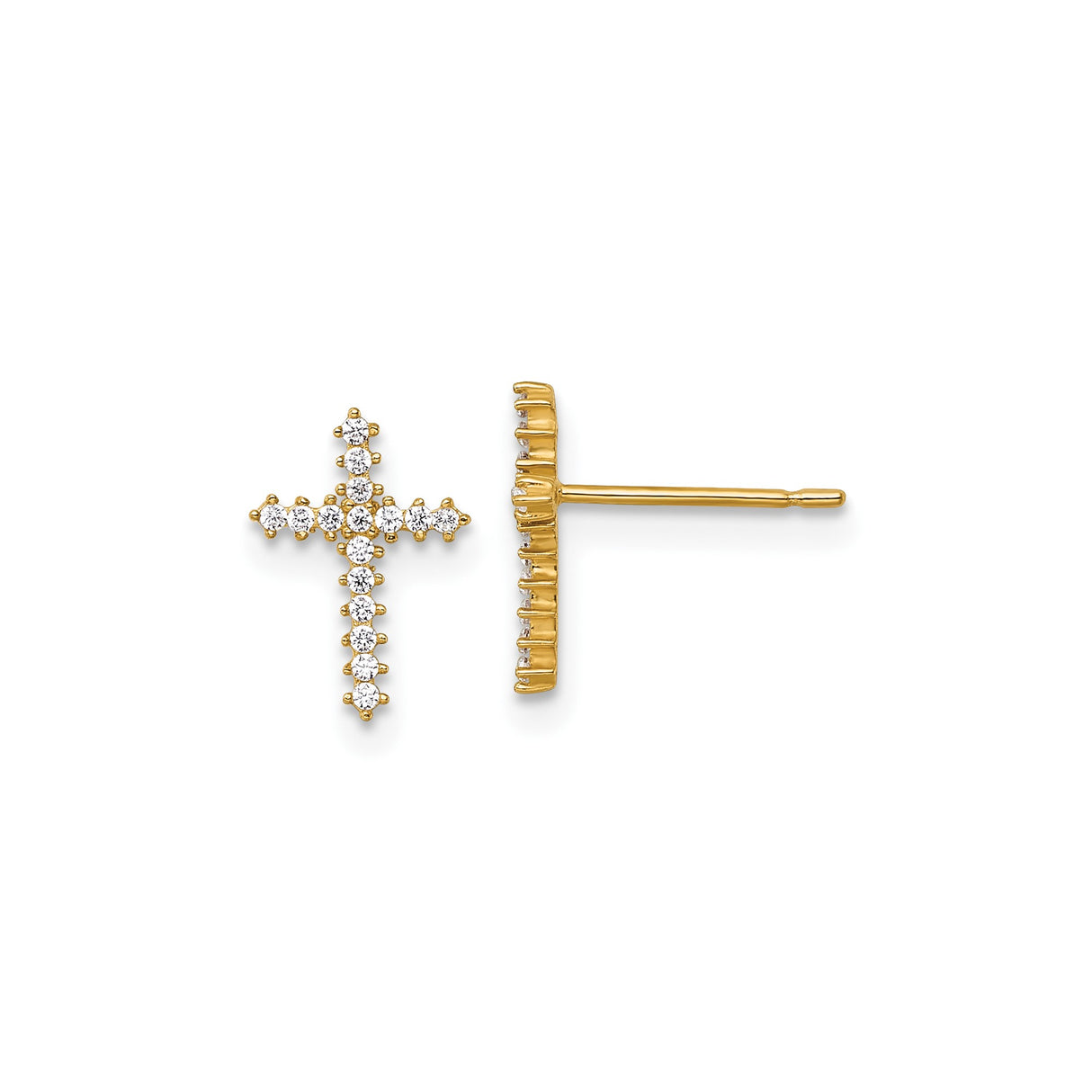14k Yellow Gold Cross Stud Earrings with Cubic Zirconia, Christian Religious Design for Women
