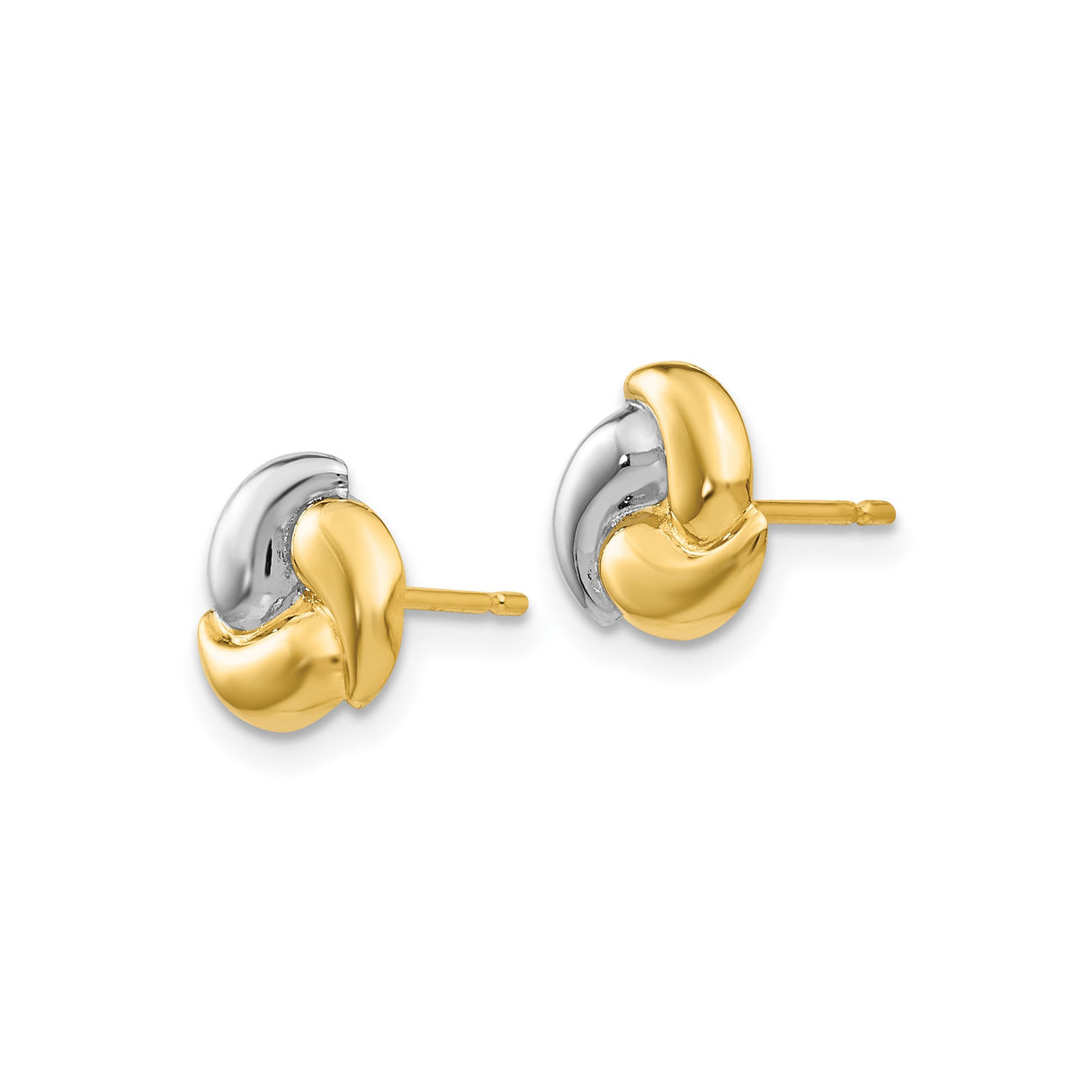14k Yellow Gold Stud Earrings, Two-Tone Swirl Design with Rhodium Accents, Abstract Minimalist Style