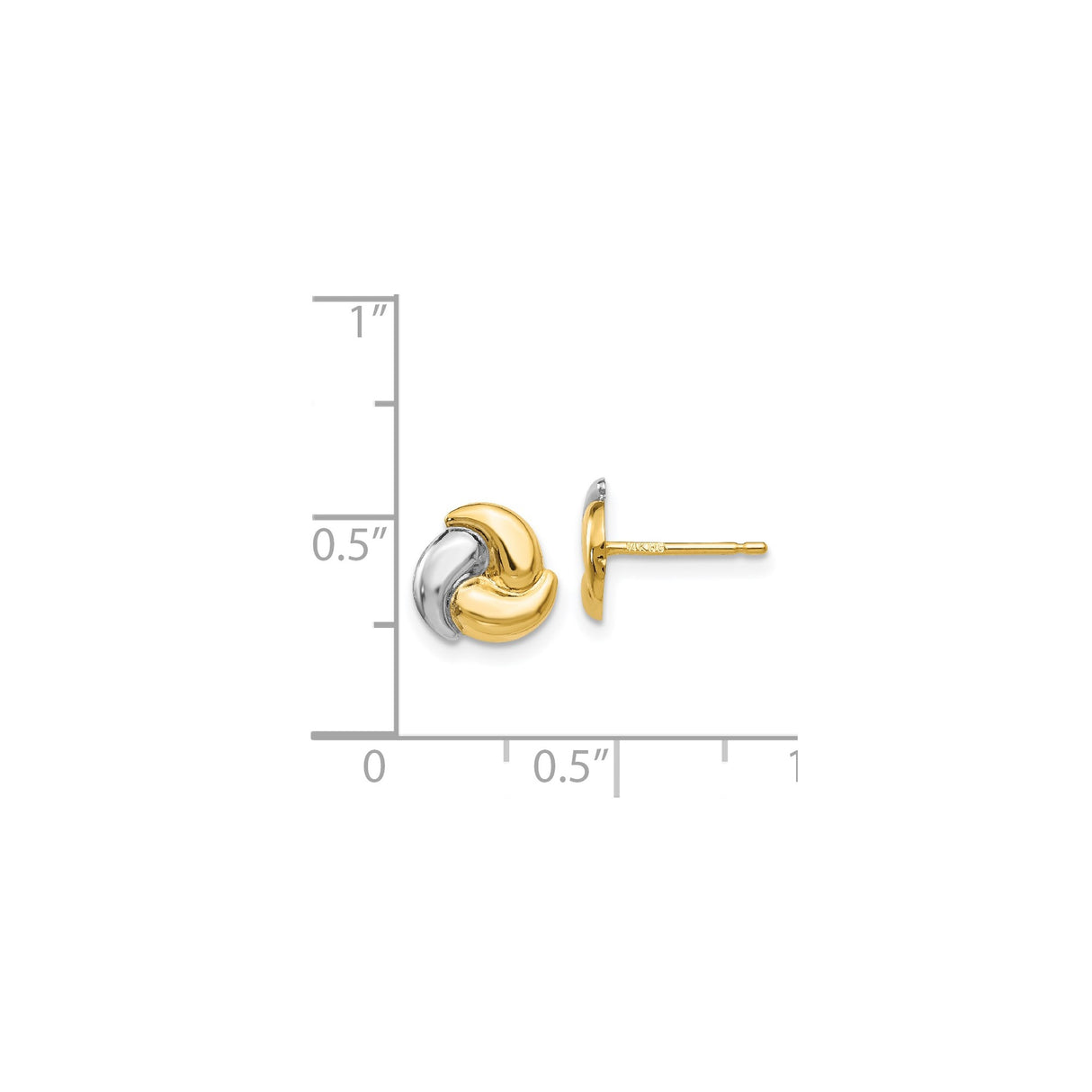14k Yellow Gold Stud Earrings, Two-Tone Swirl Design with Rhodium Accents, Abstract Minimalist Style