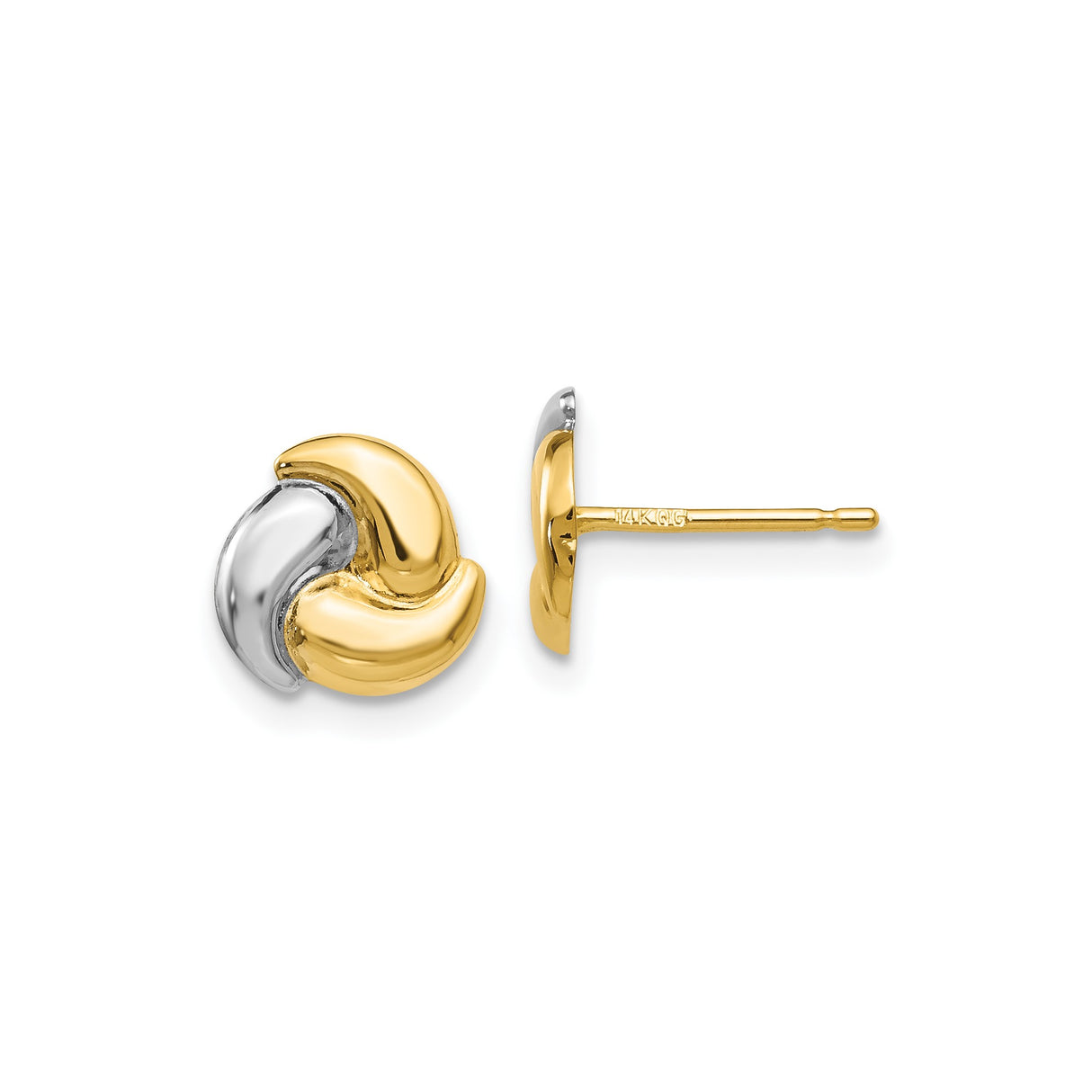 14k Yellow Gold Stud Earrings, Two-Tone Swirl Design with Rhodium Accents, Abstract Minimalist Style