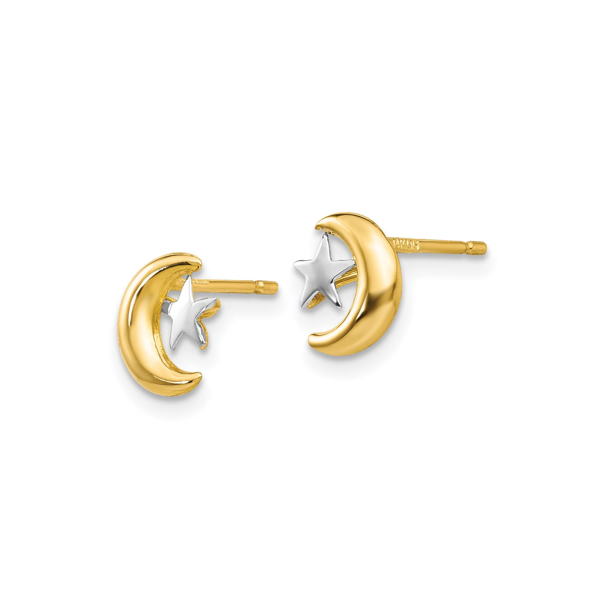 14k Yellow Gold Moon and Star Stud Earrings, Two-Tone Celestial Jewelry for Women