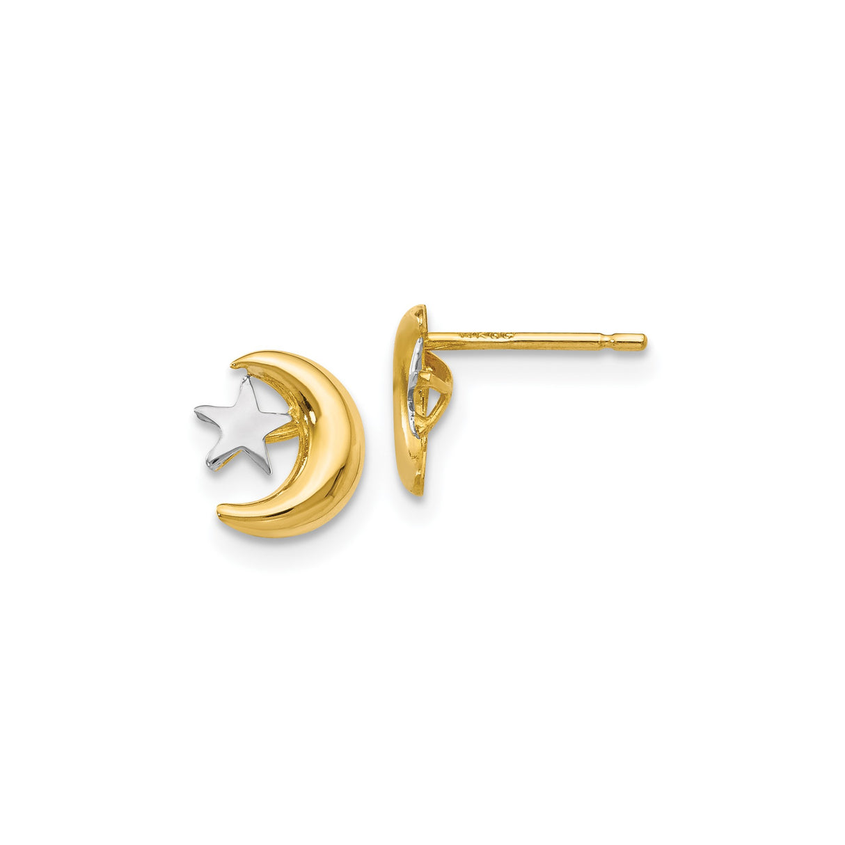 14k Yellow Gold Moon and Star Stud Earrings, Two-Tone Celestial Jewelry for Women