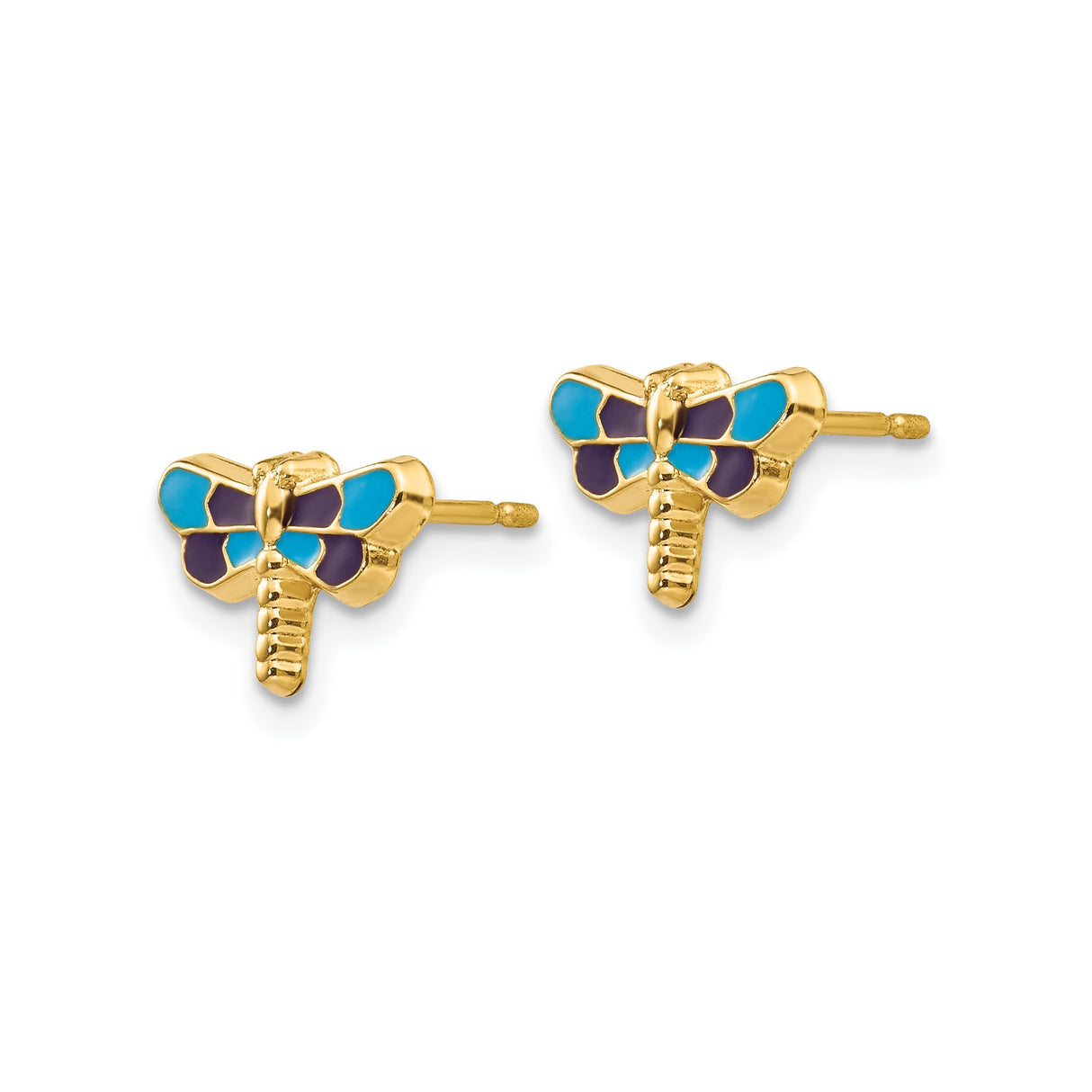 14k Yellow Gold Dragonfly Stud Earrings with Blue and Purple Enamel Wings, Nature-Inspired Design