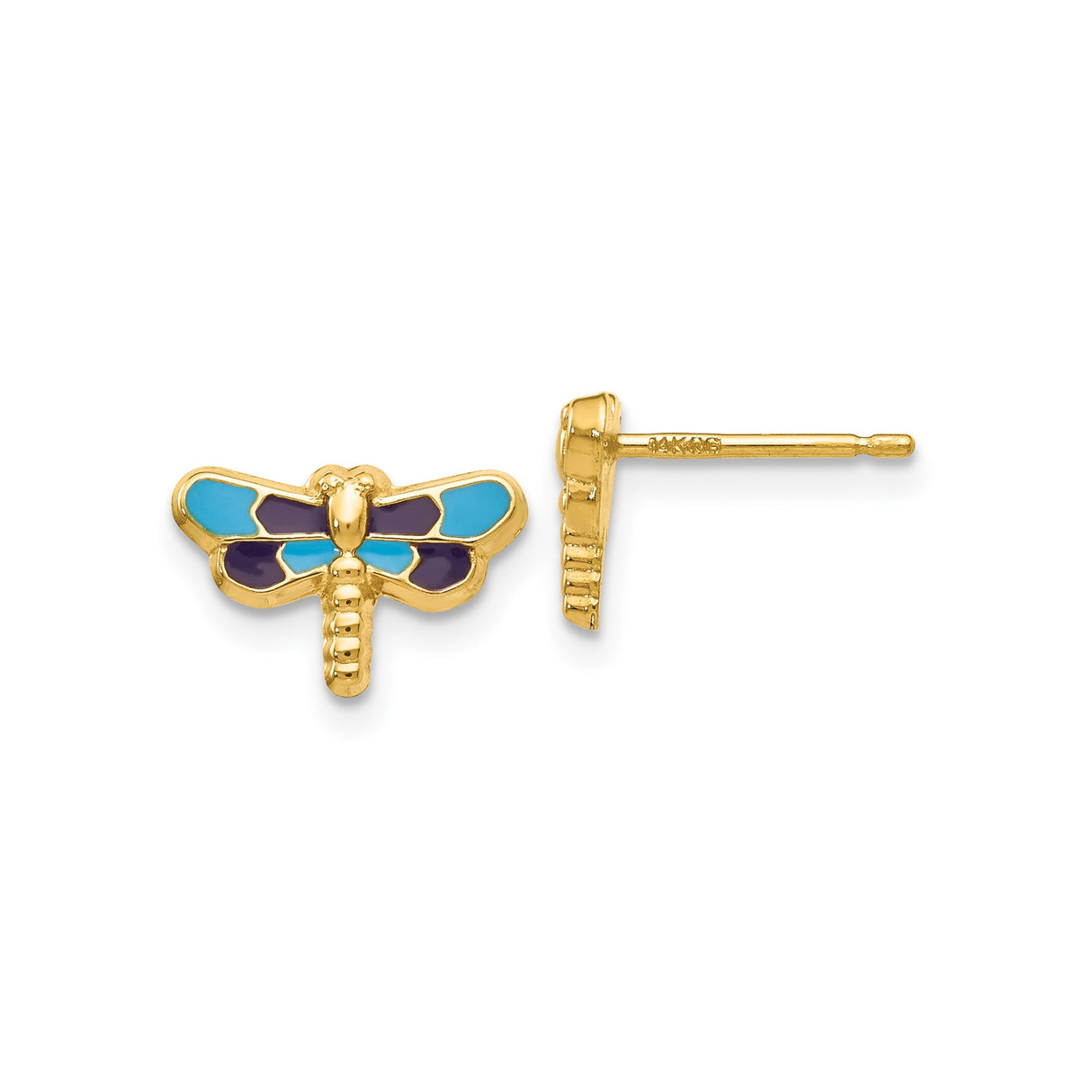 14k Yellow Gold Dragonfly Stud Earrings with Blue and Purple Enamel Wings, Nature-Inspired Design