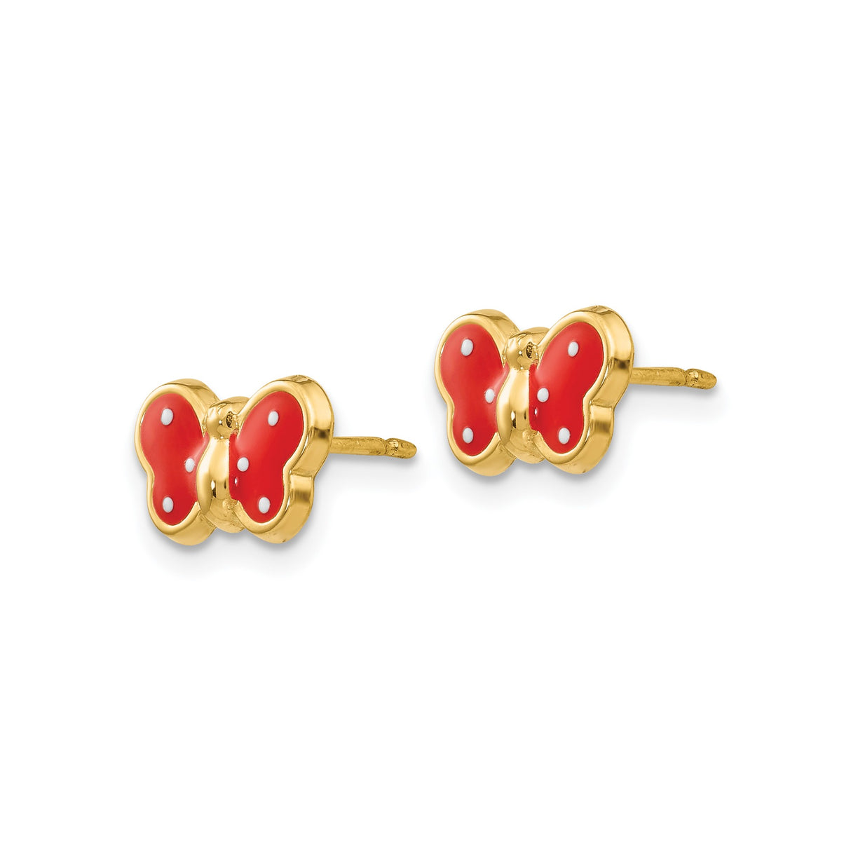 14k Yellow Gold Butterfly Stud Earrings with Red Enamel Wings for Girls