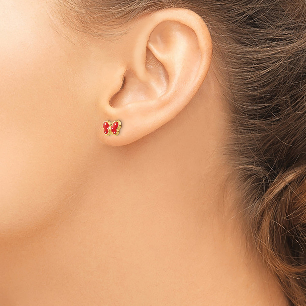 14k Yellow Gold Butterfly Stud Earrings with Red Enamel Wings for Girls