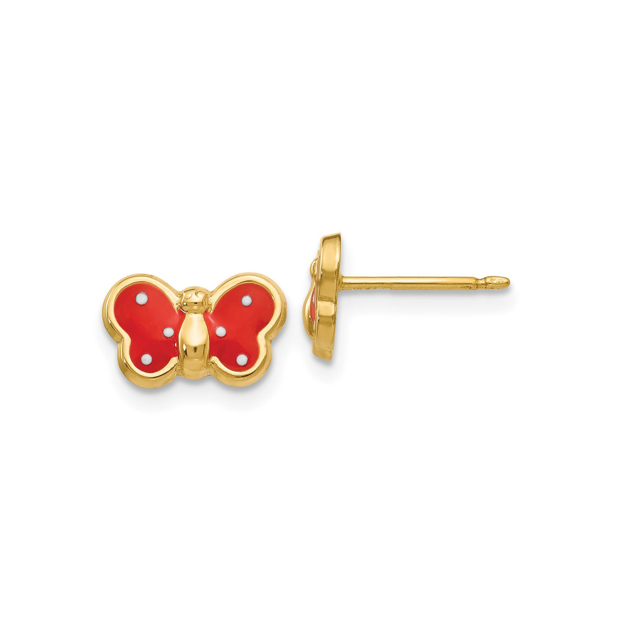 14k Yellow Gold Butterfly Stud Earrings with Red Enamel Wings for Girls