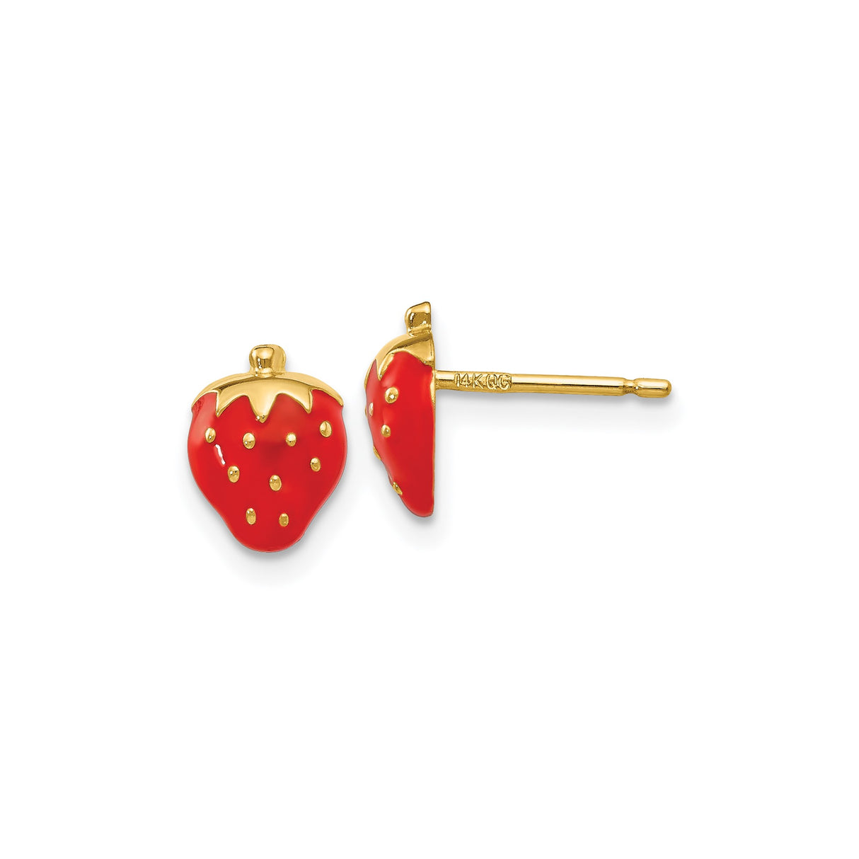 14k Yellow Gold Strawberry Stud Earrings with Red Enamel, Fun Fruit Design for Women and Girls