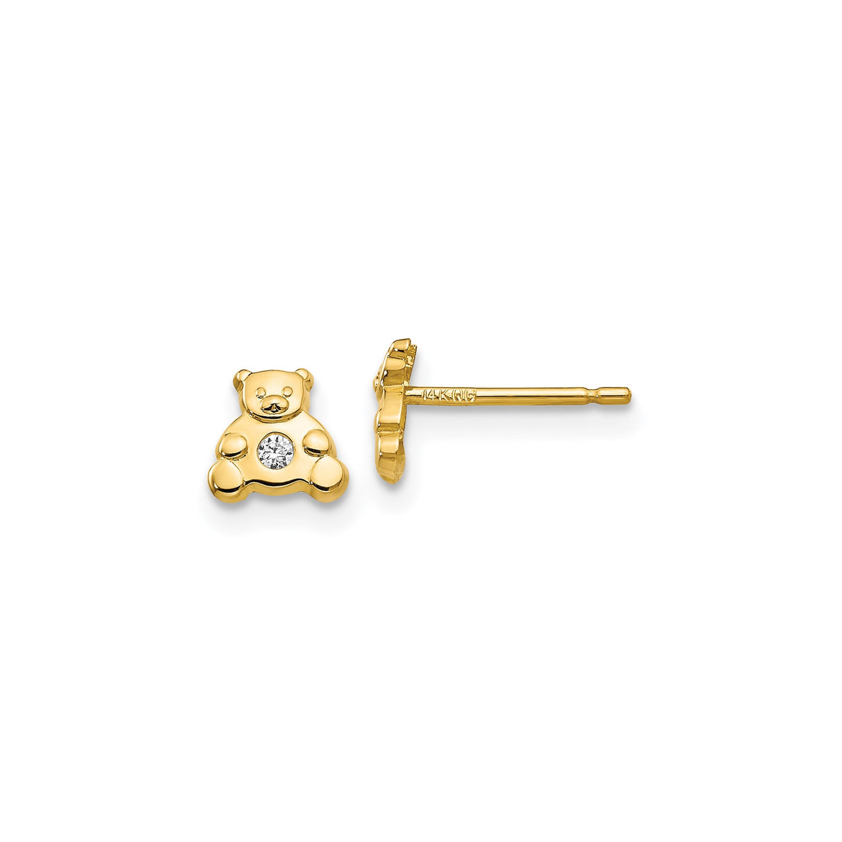 14k Yellow Gold Teddy Bear Stud Earrings with Cubic Zirconia Accent, Animal Design