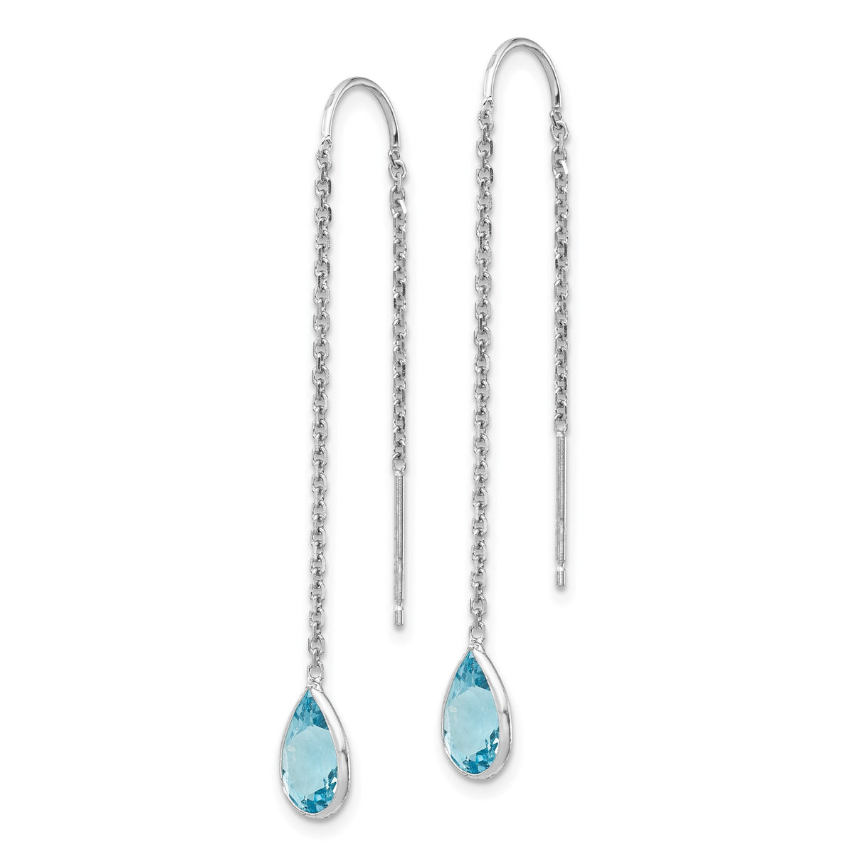 14k White Gold Threader Earrings with Swiss Blue Topaz Pear Drops, Delicate Chain Dangle Design