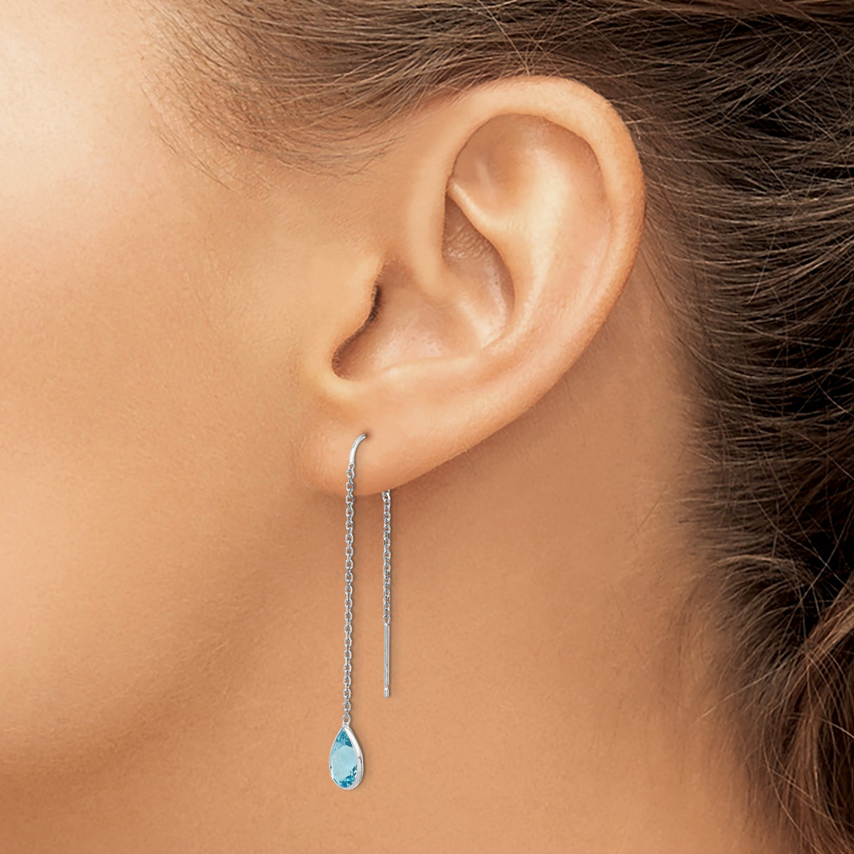 14k White Gold Threader Earrings with Swiss Blue Topaz Pear Drops, Delicate Chain Dangle Design