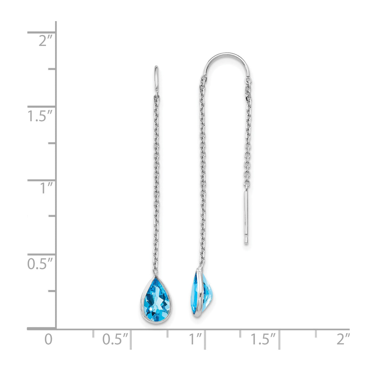 14k White Gold Threader Earrings with Swiss Blue Topaz Pear Drops, Delicate Chain Dangle Design