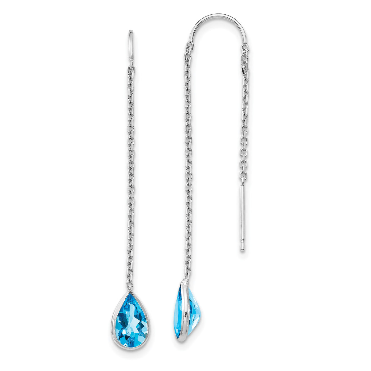 14k White Gold Threader Earrings with Swiss Blue Topaz Pear Drops, Delicate Chain Dangle Design