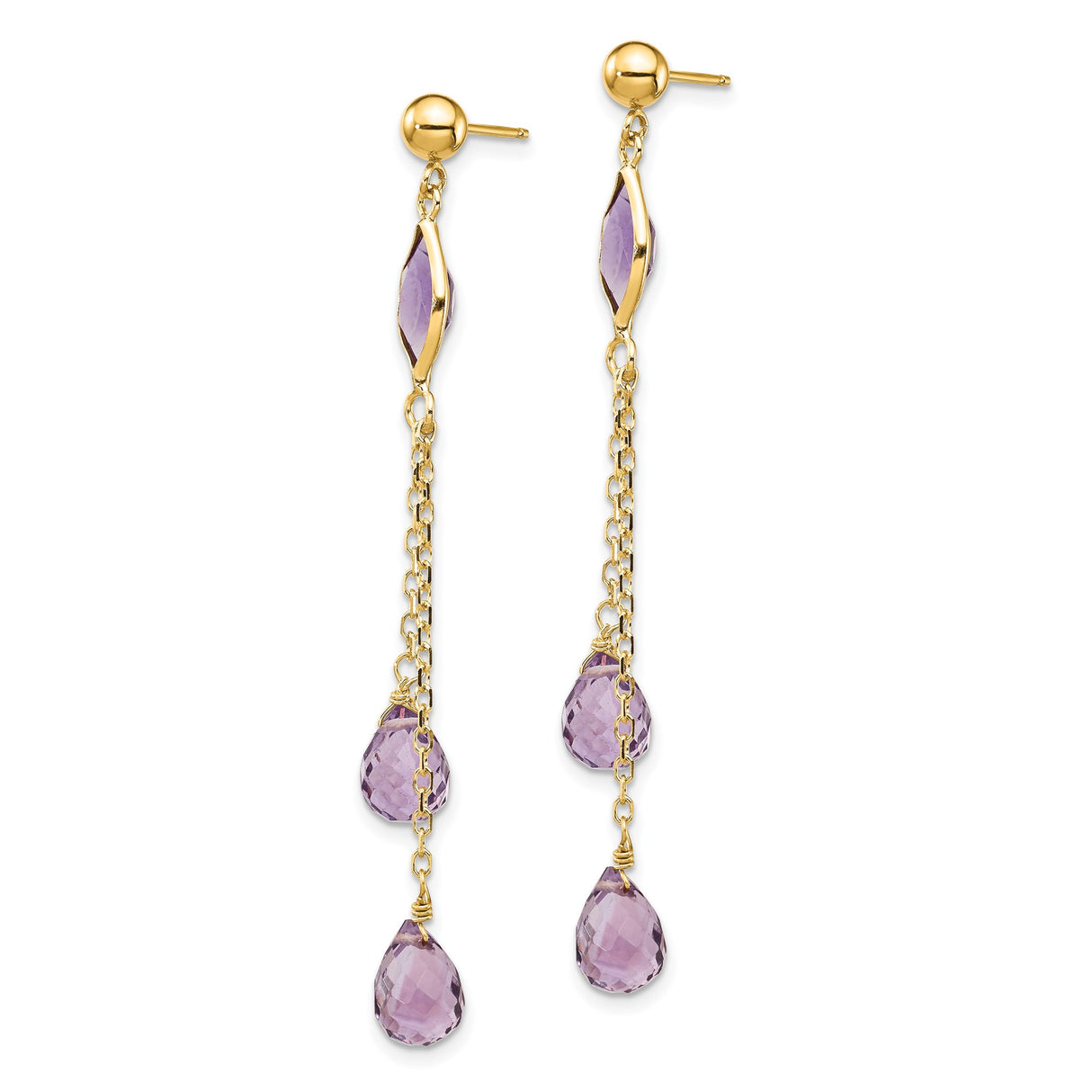 14k Yellow Gold Dangle Earrings with Amethyst Marquise and Teardrop Stones on Chains