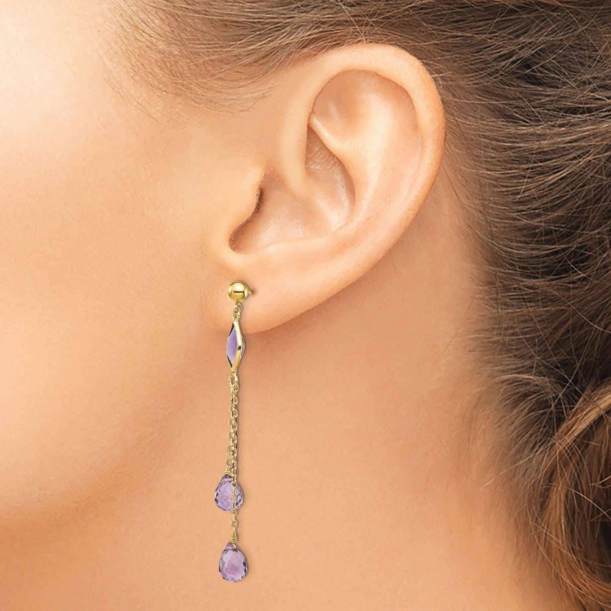 14k Yellow Gold Dangle Earrings with Amethyst Marquise and Teardrop Stones on Chains