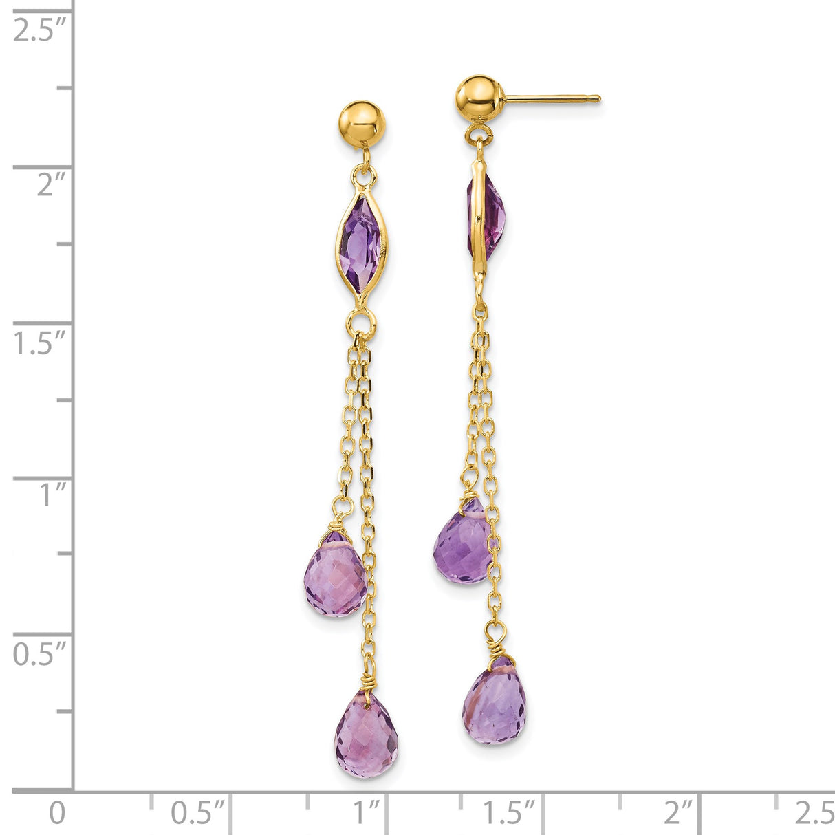 14k Yellow Gold Dangle Earrings with Amethyst Marquise and Teardrop Stones on Chains