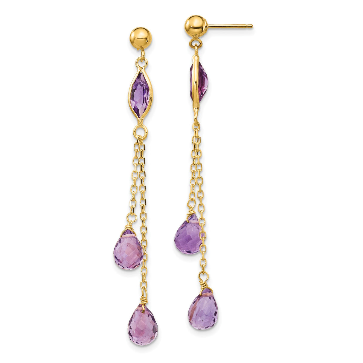 14k Yellow Gold Dangle Earrings with Amethyst Marquise and Teardrop Stones on Chains