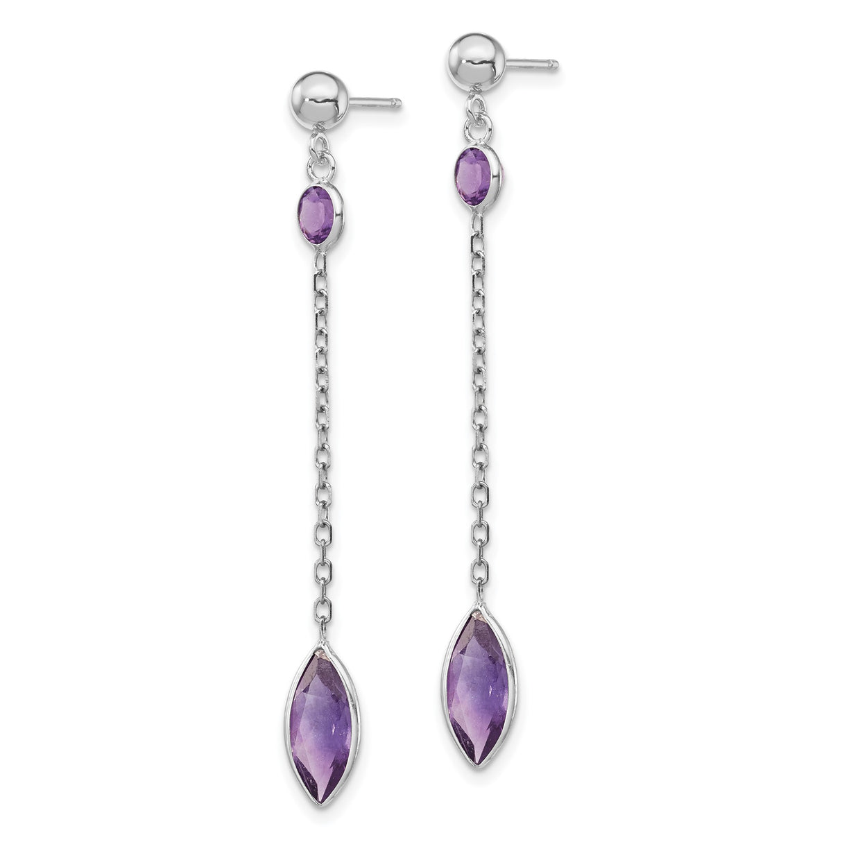 14k White Gold Dangle Earrings with Amethyst Marquise and Round Gemstones, Long Drop Chain Style