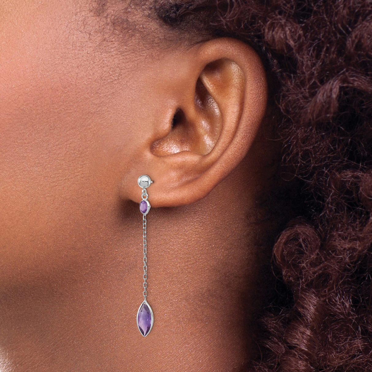14k White Gold Dangle Earrings with Amethyst Marquise and Round Gemstones, Long Drop Chain Style