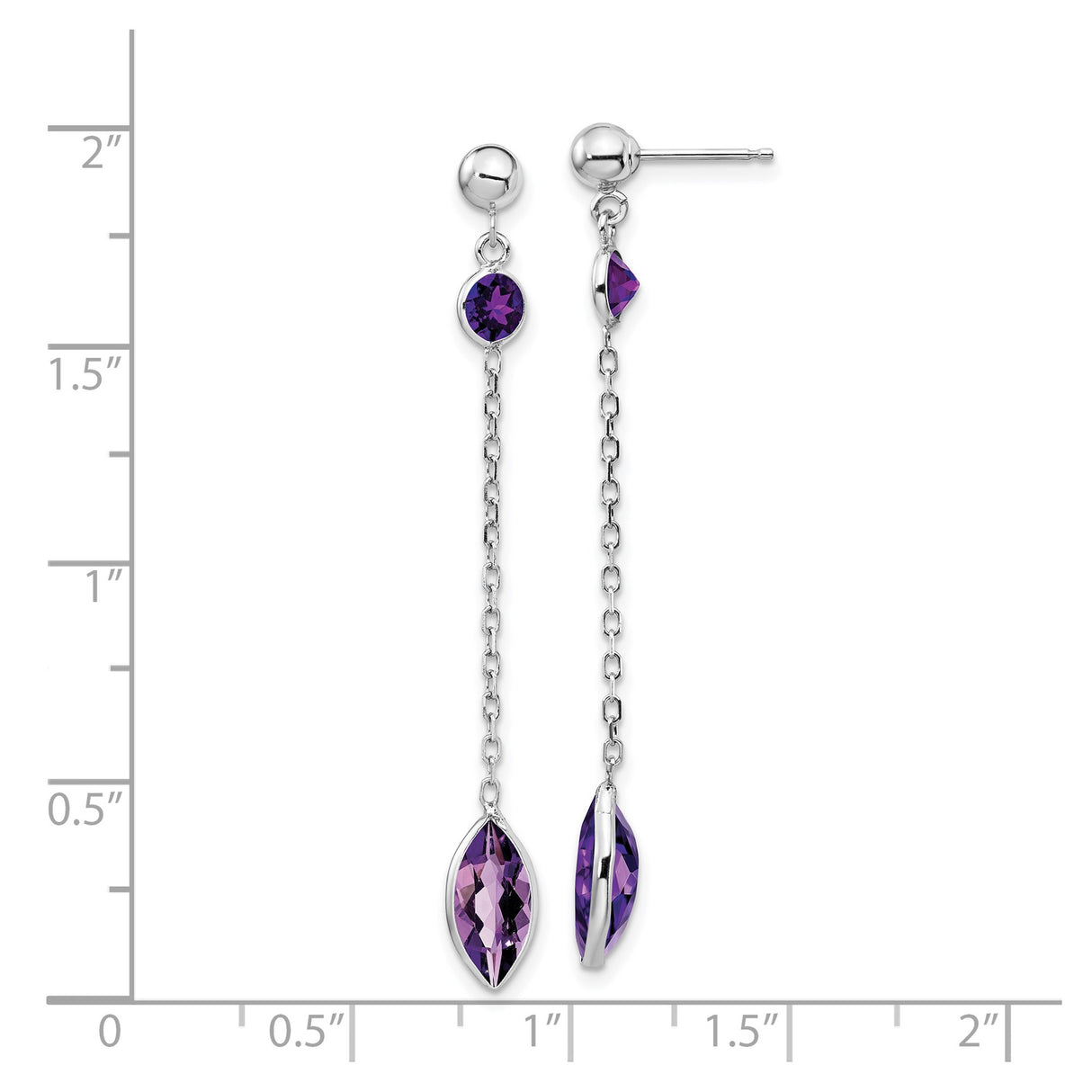 14k White Gold Dangle Earrings with Amethyst Marquise and Round Gemstones, Long Drop Chain Style