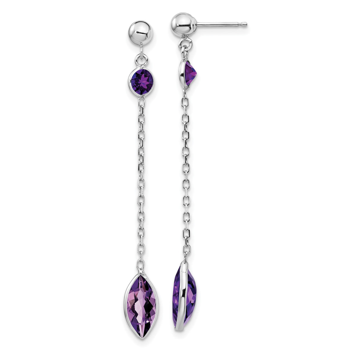 14k White Gold Dangle Earrings with Amethyst Marquise and Round Gemstones, Long Drop Chain Style