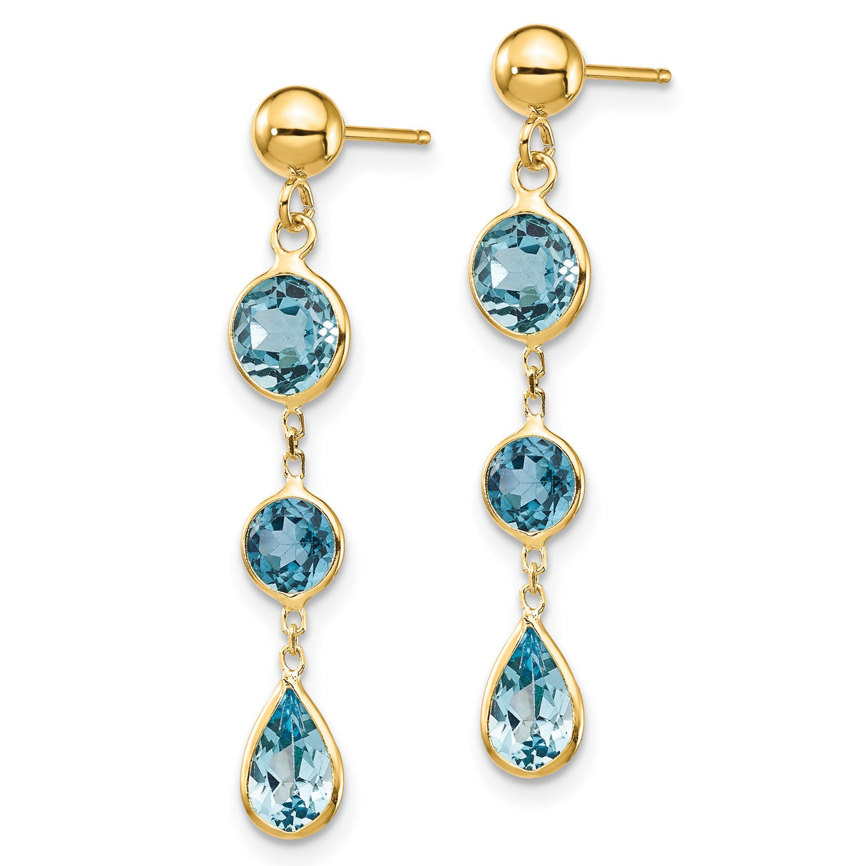 14k Yellow Gold Dangle Earrings with Swiss Blue Topaz in Round and Teardrop Settings