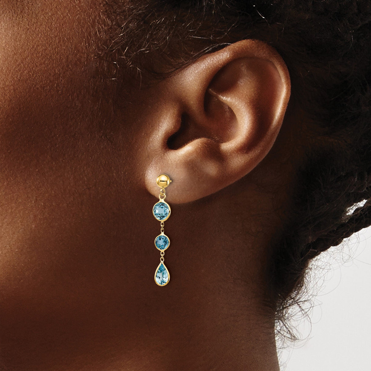 14k Yellow Gold Dangle Earrings with Swiss Blue Topaz in Round and Teardrop Settings