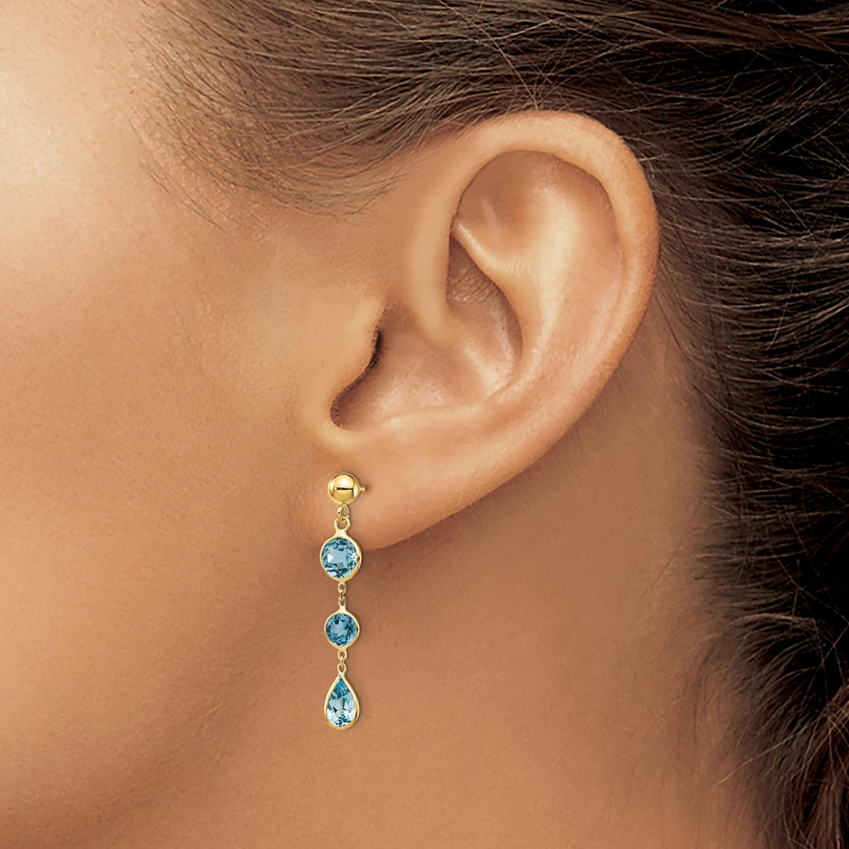 14k Yellow Gold Dangle Earrings with Swiss Blue Topaz in Round and Teardrop Settings