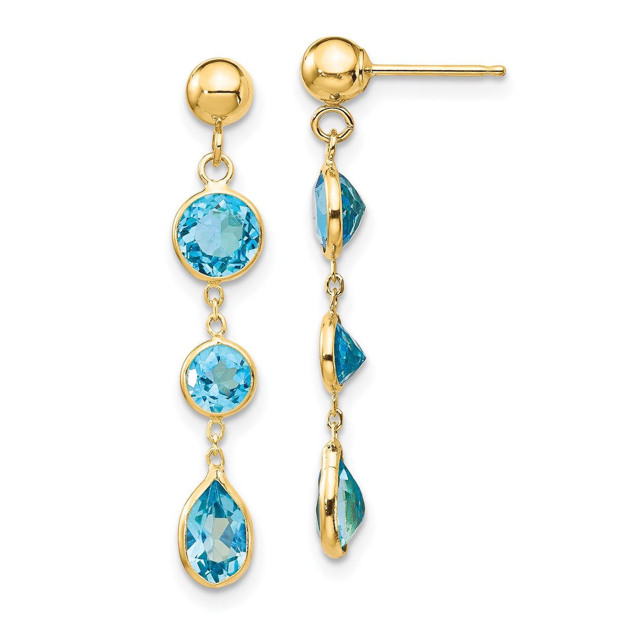 14k Yellow Gold Dangle Earrings with Swiss Blue Topaz in Round and Teardrop Settings