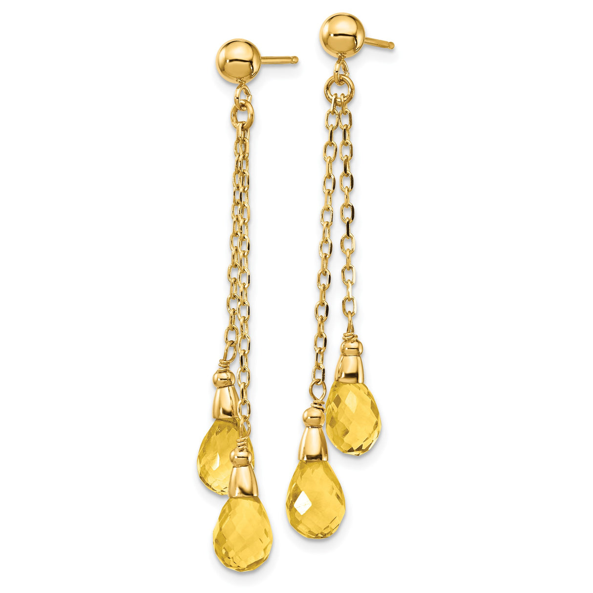 14k Yellow Gold Dangle Earrings with Citrine Teardrops and Triple Drop Chains