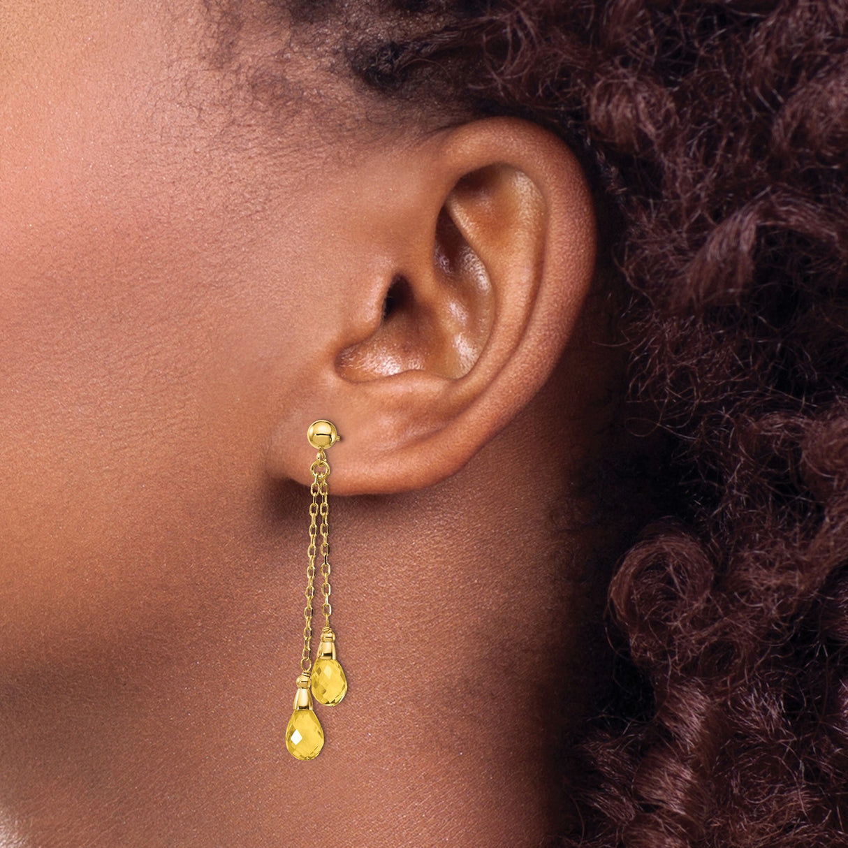 14k Yellow Gold Dangle Earrings with Citrine Teardrops and Triple Drop Chains
